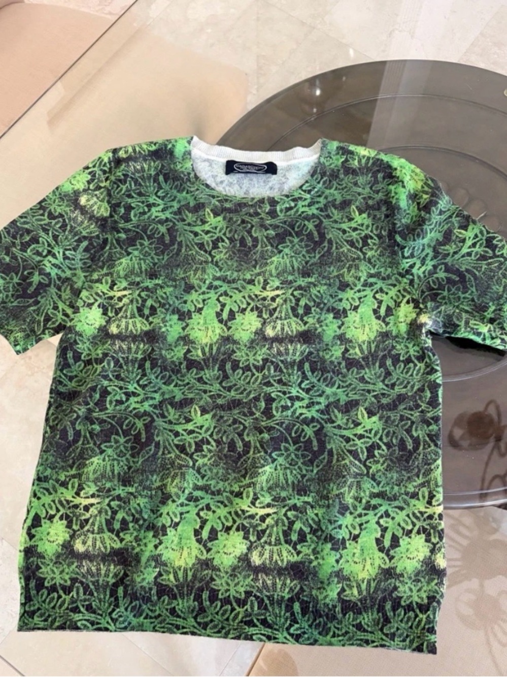 Magaschoni 100% Cashmere Green Black Floral Print Short Sleeve Sweater Top